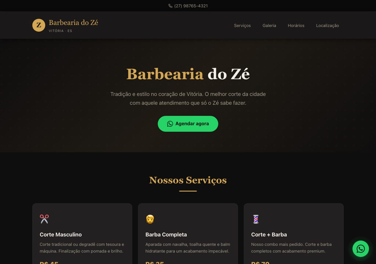 Landing page da barbearia gerada pelo Cacique